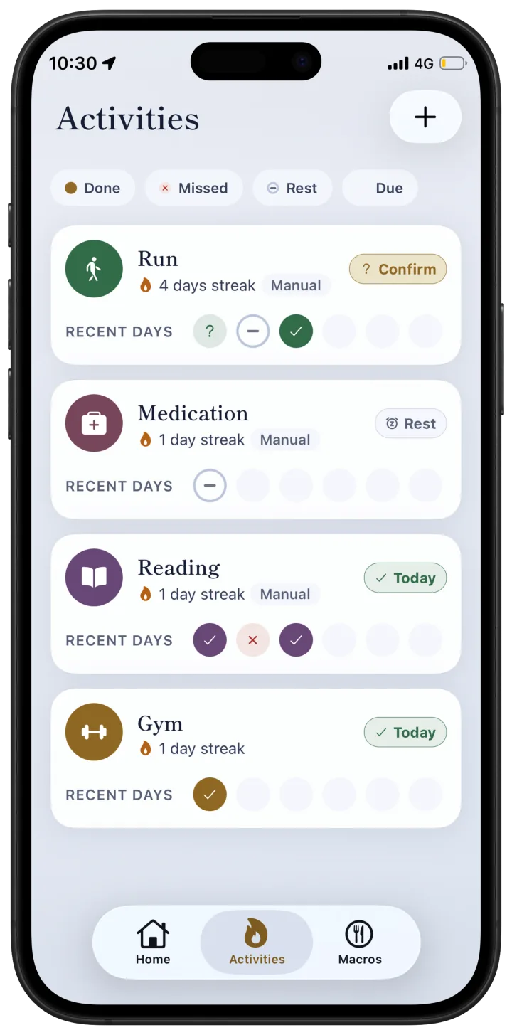 StreakSpot Activities list with streaks, rest days, and check-ins
