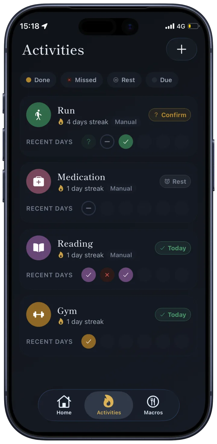 StreakSpot Activities list with streaks, rest days, and check-ins