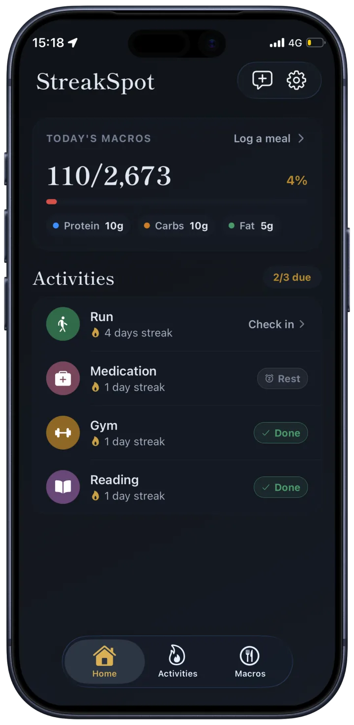 StreakSpot Home with today’s macros, activities, and check-in pills