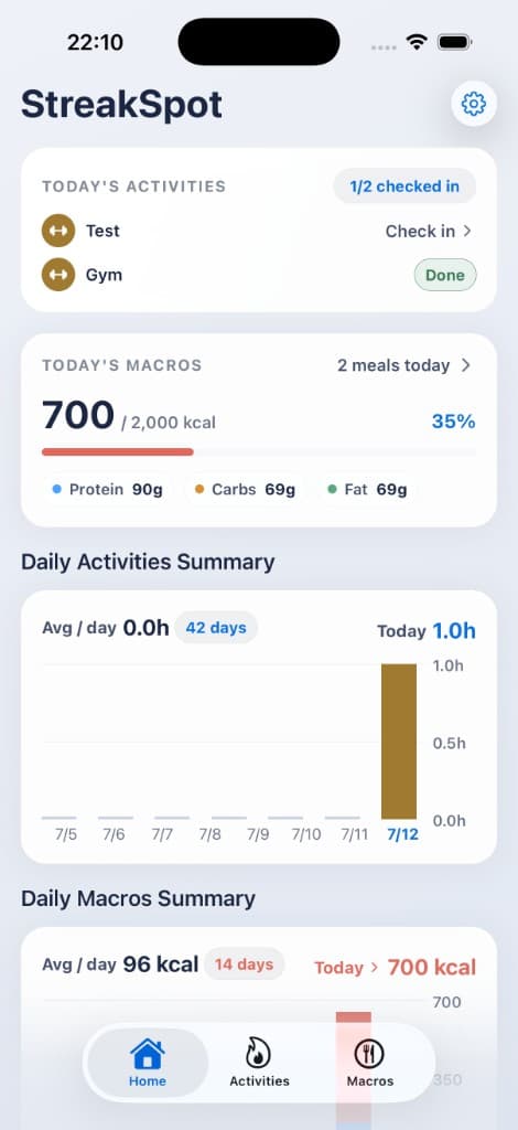 StreakSpot Home screen with today’s activities and macros