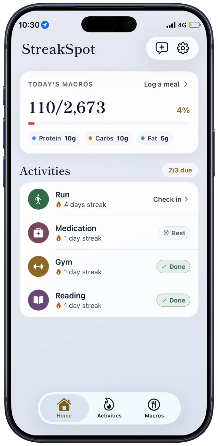 StreakSpot Home with today’s macros, activities, and check-in pills