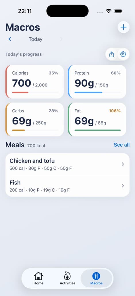 StreakSpot Macros screen with daily progress and meals