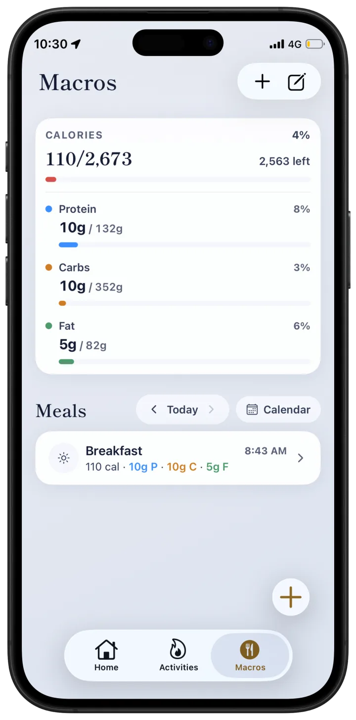 StreakSpot Macros tab with calorie goals and a logged breakfast
